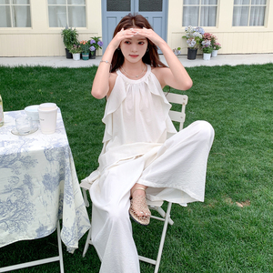 米白色荷叶边挂脖上衣套装女2025夏季新款高级感气质阔腿裤两件套图片