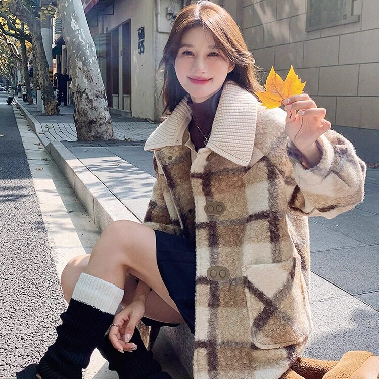 2025冬款现货格子毛呢外套配针织领#3128-P165-K248,女装毛呢外套,唛多