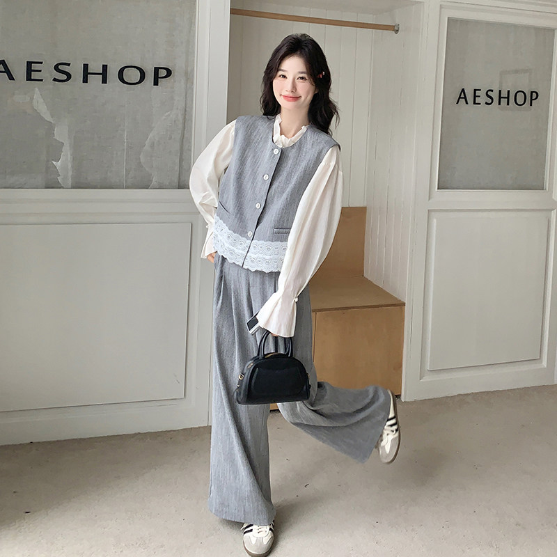 灰色小香风蕾丝拼接马甲套装女2025春季新款气质穿搭阔腿裤两件套,女装套装/套裙,唛多