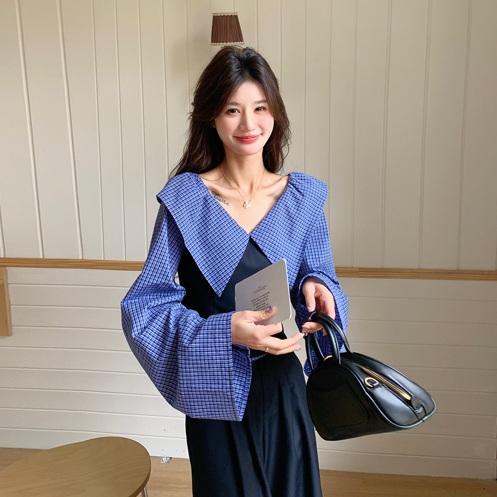 miu系格子拼接休闲套装女2025春夏新款一字肩衬衫阔腿裤两件套潮,女装套装/套裙,唛多