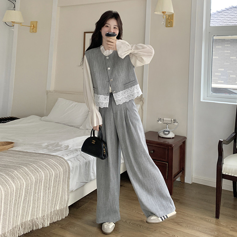 灰色小香风蕾丝拼接马甲套装女2025春季新款气质穿搭阔腿裤两件套,女装套装/套裙,唛多