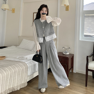 灰色小香风蕾丝拼接马甲套装女2025春季新款气质穿搭阔腿裤两件套图片