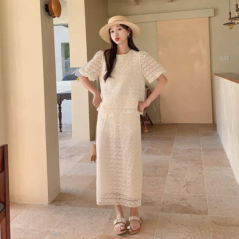 法式复古蕾丝裙子套装女2025夏季新款温柔风气质上衣半身裙两件套,女装套装/套裙,唛多
