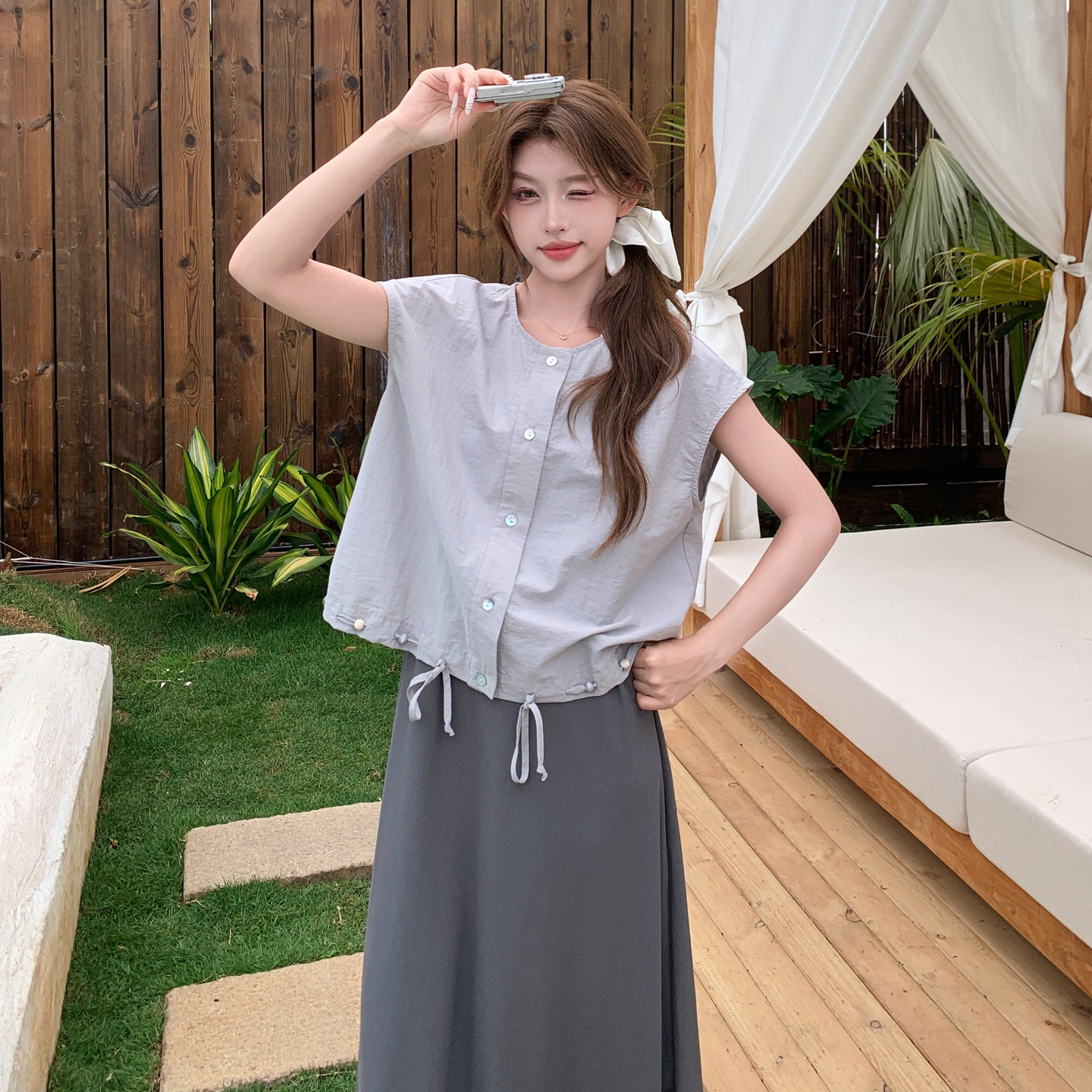 盐甜系吊带连衣裙套装女2025夏季新款韩系抽绳马甲休闲显瘦两件套,女装套装/套裙,唛多