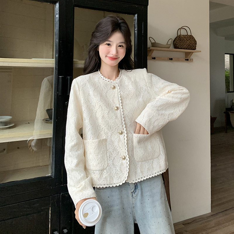 白色蕾丝小香风外套女2025春季新款法式超好看气质名媛高级感上衣,女装短外套,唛多