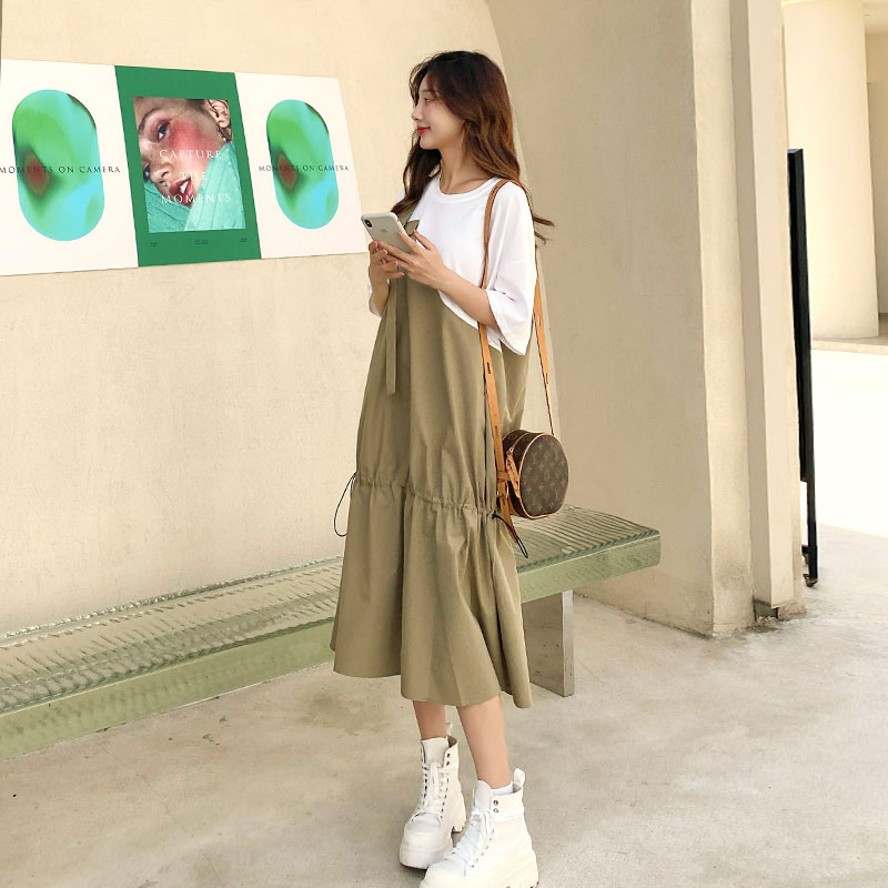 韩版宽松不规则工装连衣裙女2025夏季新款假两件休闲显瘦过膝长裙,女装连衣裙,唛多