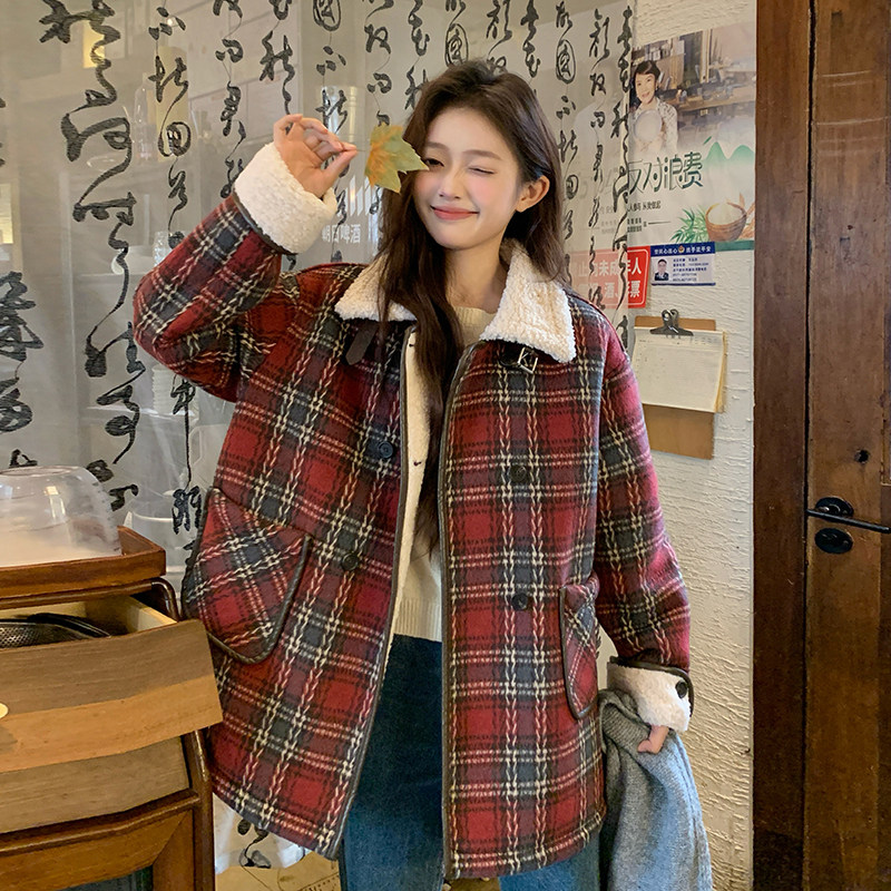 2025冬季新款羊羔毛内胆毛呢外套红色#1134-P185-K278,女装毛呢外套,唛多