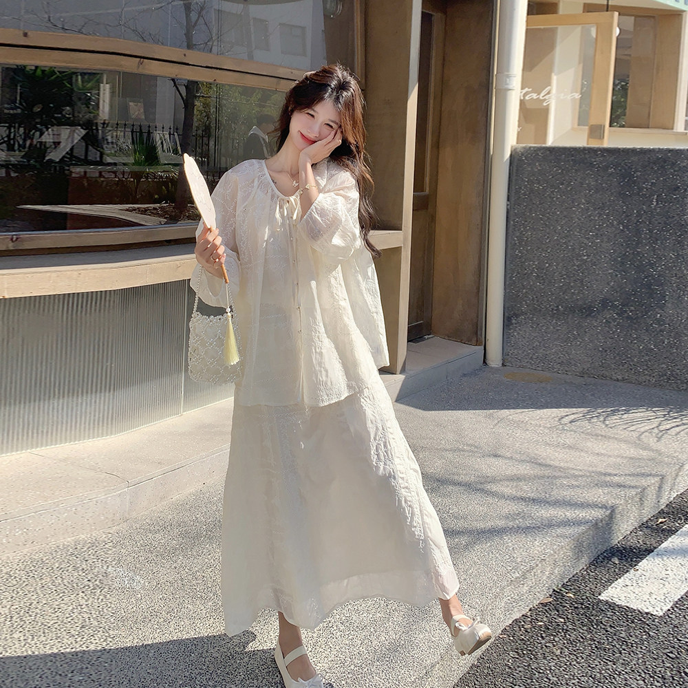 米白色慵懒风蕾丝套装裙女2025夏季新款韩系显瘦气质半身裙三件套,女装套装/套裙,唛多