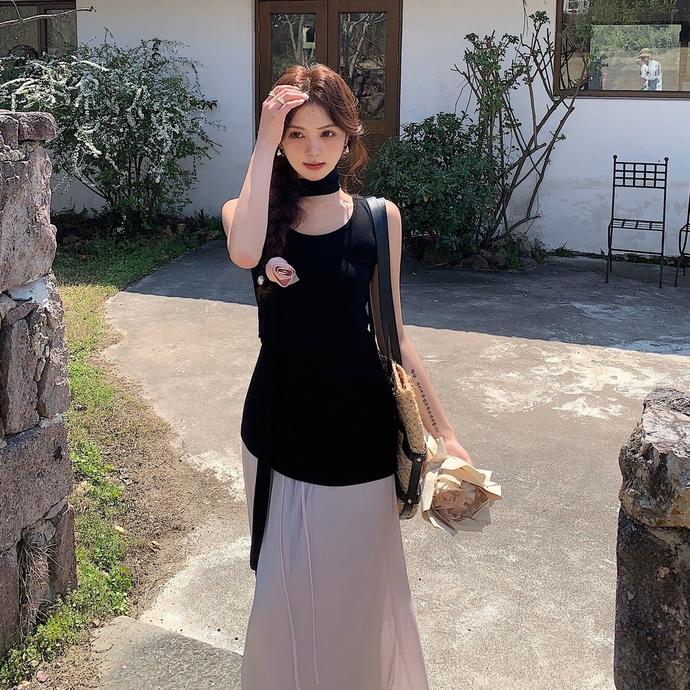黑色无袖背心上衣套装女2025夏季新款设计感小众显瘦半身裙两件套,女装套装/套裙,唛多