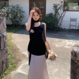 黑色无袖背心上衣套装女2025夏季新款设计感小众显瘦半身裙两件套，女装套装/套裙，唛多
