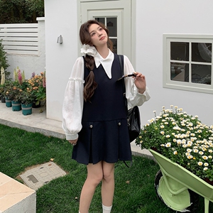 2025春秋新款韩系藏青色衬衫背心裙女学院风减龄连衣裙图片