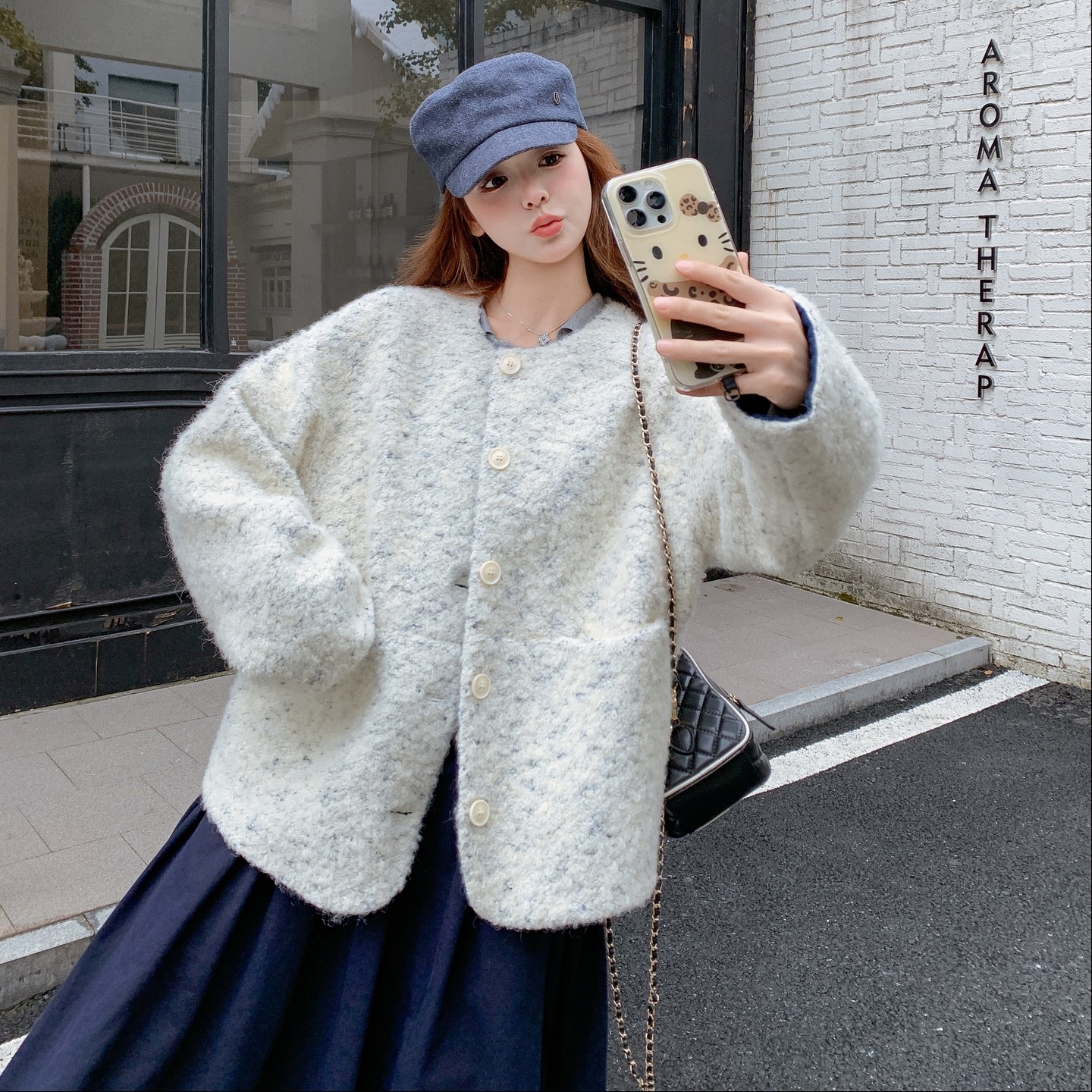 2025冬季新款圈圈呢拼接牛仔外套#25187-P175-K258,女装毛呢外套,唛多