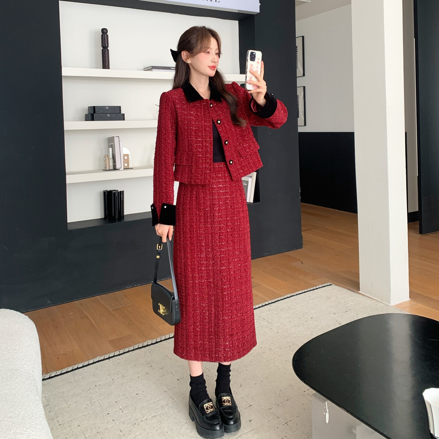 2025冬季新款风小香风毛呢加厚套装配蝴蝶结#25205-P205-K308,女装套装/套裙,唛多