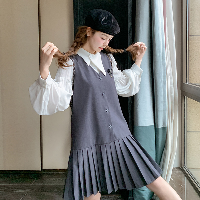 小香风马甲背心连衣裙女春秋2025新款两件套百褶裙小个子减龄流行,女装连衣裙,唛多