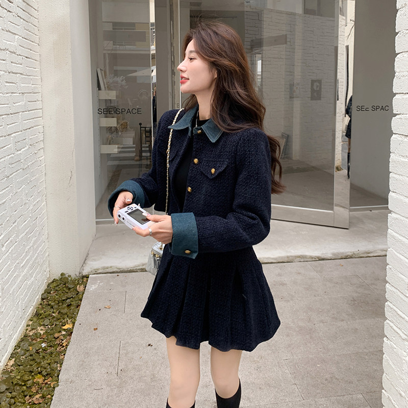2025冬款现货藏青色牛仔拼接小香风套装#1111-P175-K258,女装套装/套裙,唛多