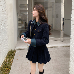 2025 冬款现货 藏青色牛仔拼接小香风套装 #1111-P175-K258图片 2025 冬款现货 藏青色牛仔拼接小香风套装 #1111-P175-K258图片