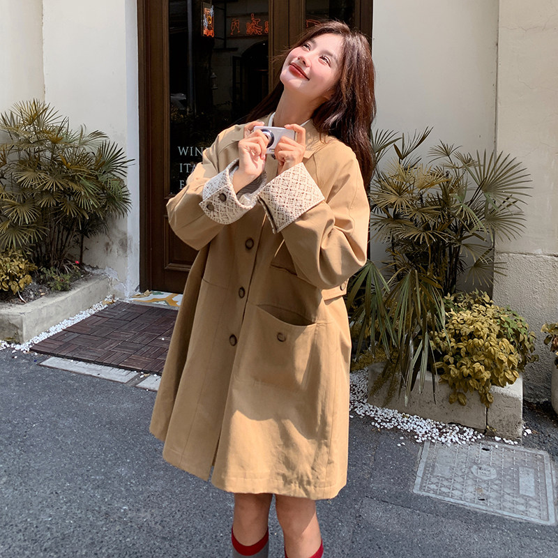 2026年春款现货韩系时尚氛围感拼接蕾丝袖2色入#1112-P165-K248，女装风衣，唛多