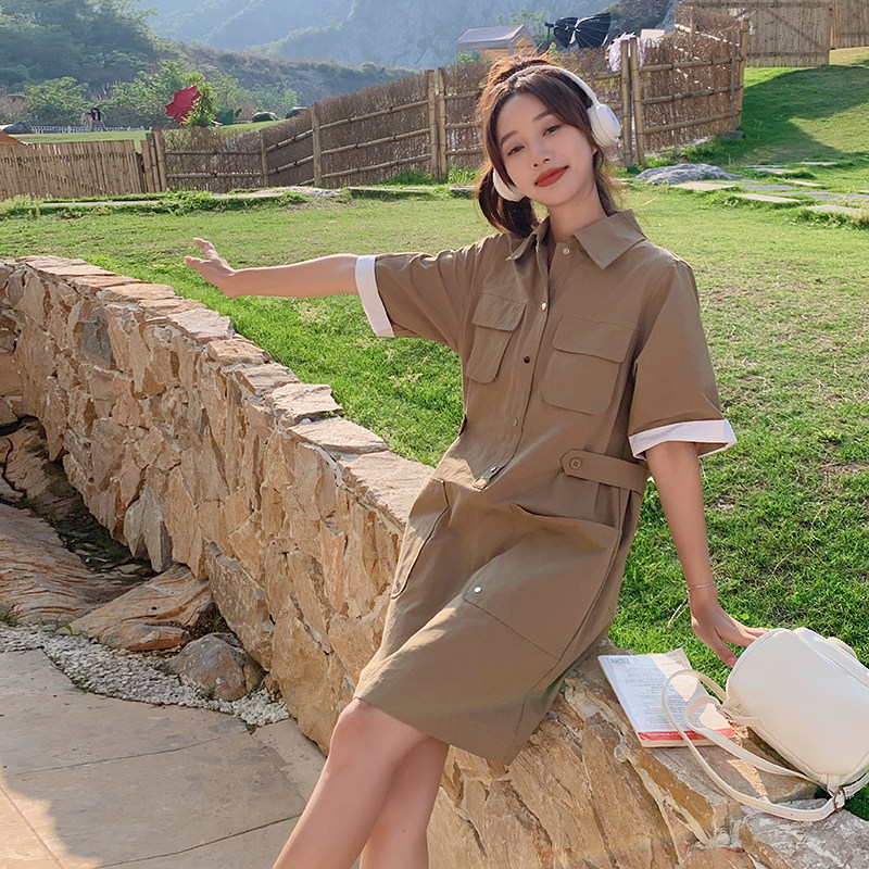 韩系工装polo领甜酷连衣裙女2025夏季新款收腰显瘦气质a字短裙子,女装连衣裙,唛多
