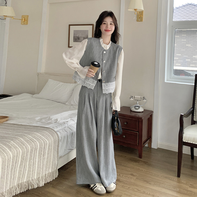 2026年春款现货设计感法式灰色拼接花边套装#2519-P155-K228，女装套装/套裙，唛多