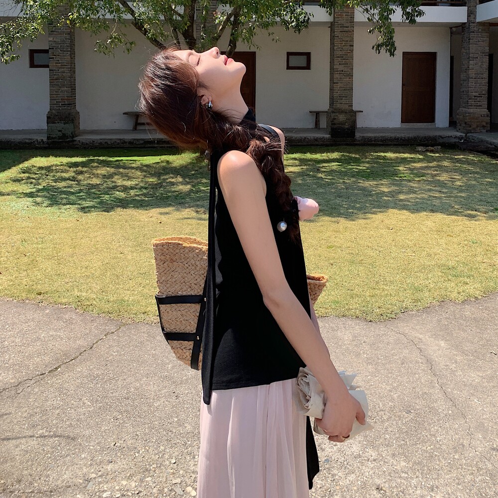 黑色无袖背心上衣套装女2025夏季新款设计感小众显瘦半身裙两件套,女装套装/套裙,唛多