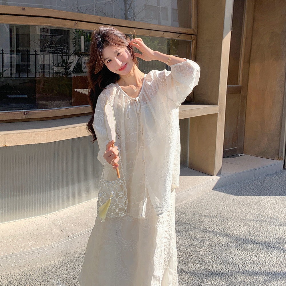 米白色慵懒风蕾丝套装裙女2025夏季新款韩系显瘦气质半身裙三件套,女装套装/套裙,唛多