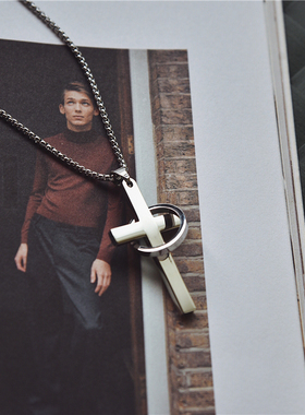 十字架指环项链男个性钛钢银色