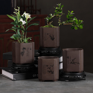 紫砂盆通用透气兰花盆家用盆栽盆景盆多肉植物陶瓷盆四方高款托盘