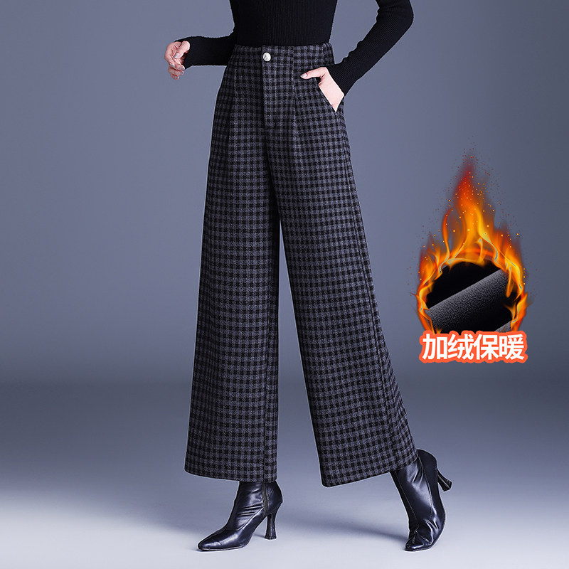 气质毛呢格子阔腿裤女秋冬高腰修身直筒口袋时尚休闲九分裤加绒厚