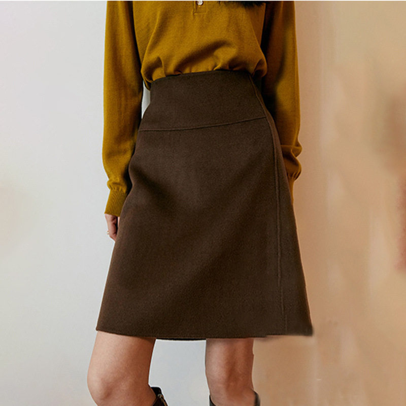 春夏咖色ol气质通勤短裙复古港风毛呢纯色拼接职业日系羊毛半身裙
