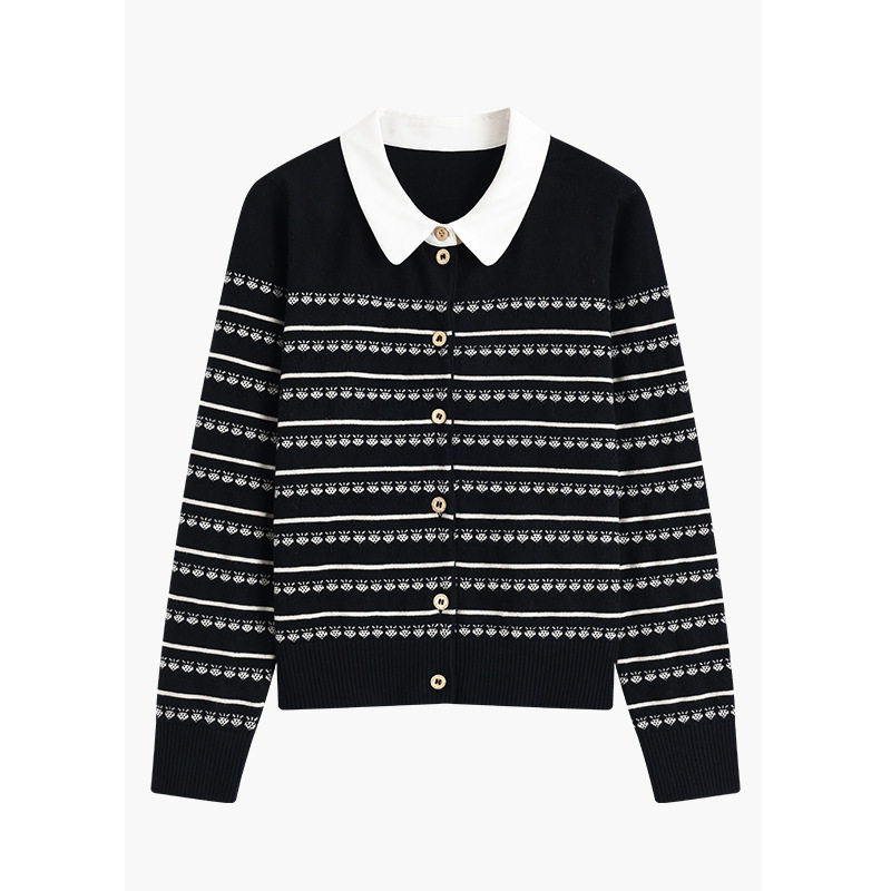 秋冬新款2025年翻领长袖撞色针织开衫女设计感小众高级感气质上衣