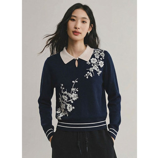 polo长袖拼色绵羊毛针织衫女2026早春新款气质减龄花卉设计感上衣