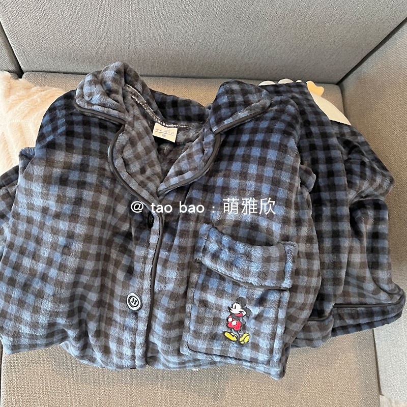 格子米奇情侣款睡衣女春秋冬季珊瑚绒加厚套装卡通可爱开衫家居服