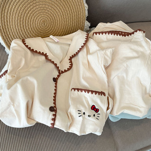 杏KT猫睡衣女款春秋夏季纯棉长袖长裤套装卡通可爱开衫外穿家居服