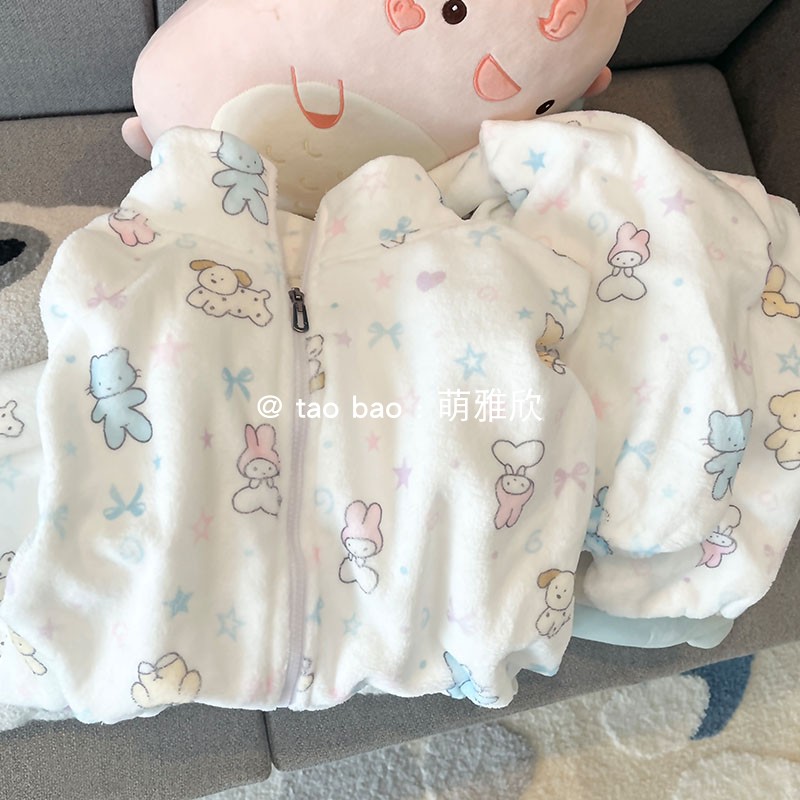 拉链美乐蒂睡衣女春秋冬季法兰珊瑚绒加厚长袖套装少女可爱家居服