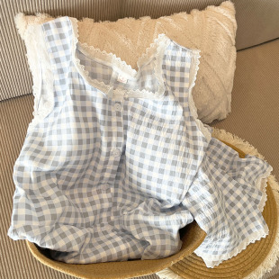 带胸垫蓝色格子睡衣女款 两件套可爱家居服 夏季 云朵棉吊带背心短裤