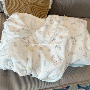 KT猫睡衣女款春秋冬季珊瑚绒加厚长袖套装少女可爱开衫保暖家居服