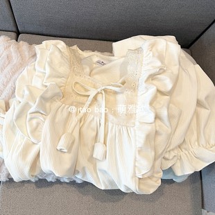 简约套头家居服 杏色公主风睡衣女春秋冬季 海岛绒加厚长袖 套装 韩版