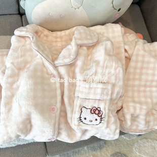 粉色格子KT猫睡衣女款春秋冬季珊瑚绒加厚长袖套装可爱休闲家居服