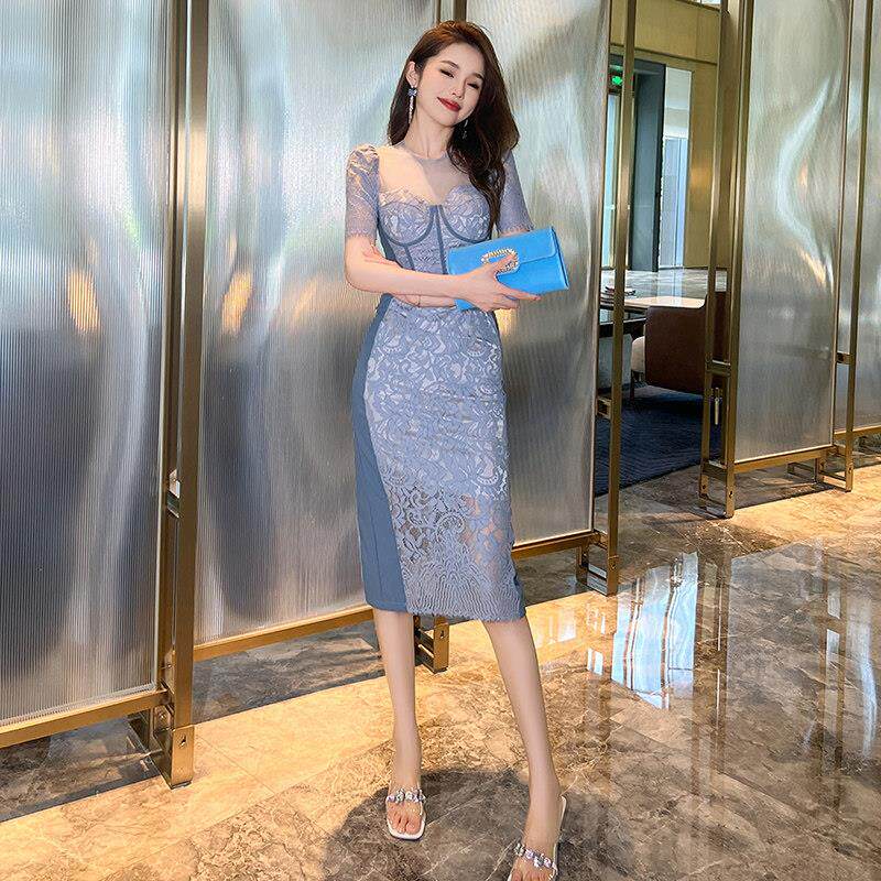法式性感蕾丝连衣裙夏季女装名媛气质圆领短袖修身显瘦包臀中长裙
