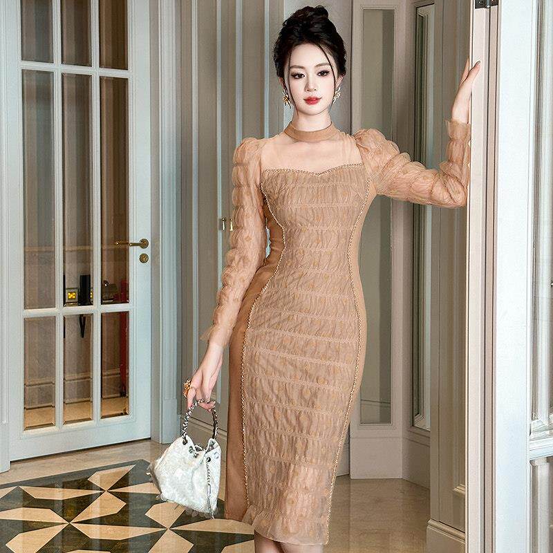 网纱拼接长袖连衣裙高级感轻奢小众性感御姐风包臀气质宴会礼服裙
