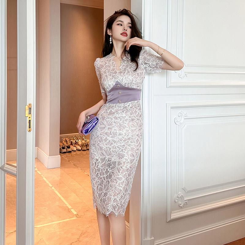 紫色蕾丝连衣裙2026新款女夏季法式气质高级感小香风修身包臀裙子
