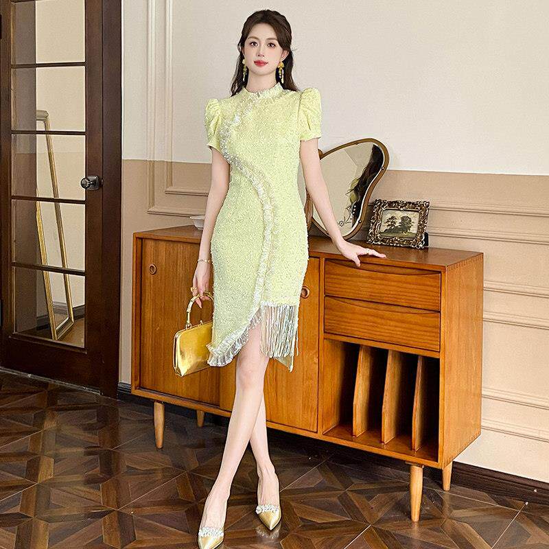 新中式连衣裙女改良旗袍年轻款高级感不规则流苏小众气质包臀裙子