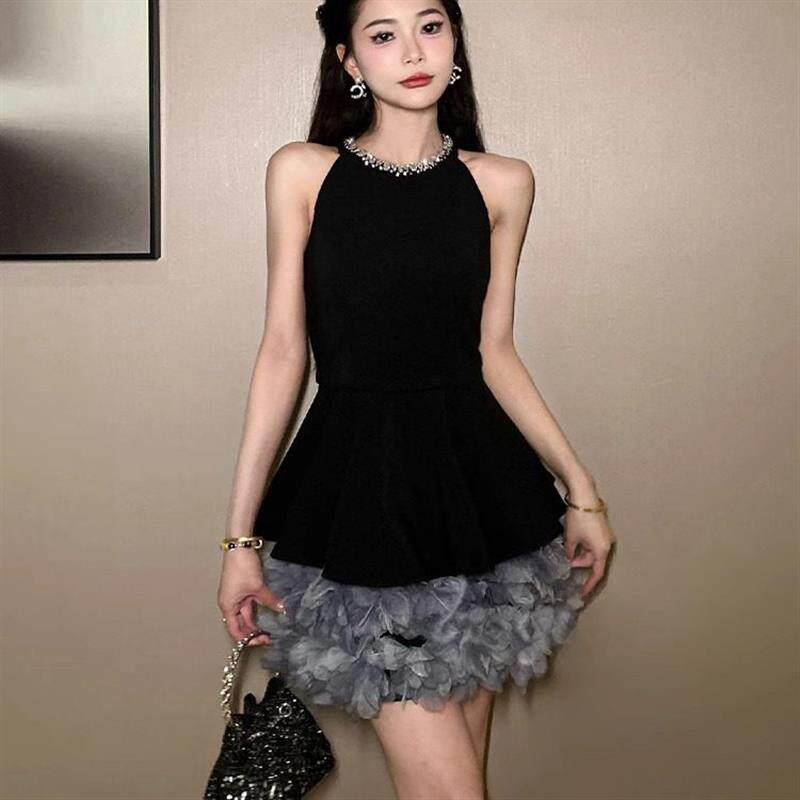 千金风连衣裙女夏季新款重工钻石领气质收腰背心裙生日约会礼服裙