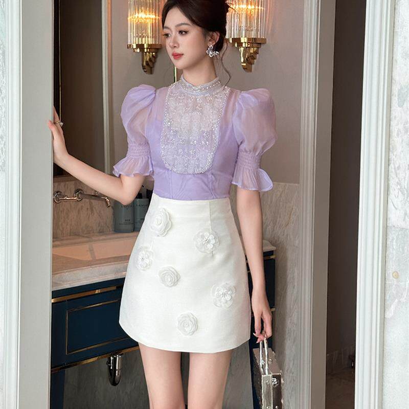 2026新款今年流行爆款半身裙韩系风设计感立体花朵装饰白色包臀裙