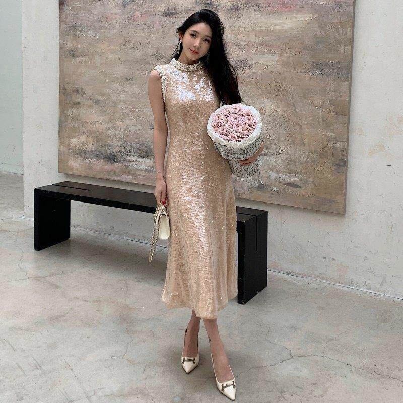 杏色网纱亮片绣花珍珠装饰法式轻奢高级感厅里厅气的连衣裙小礼服