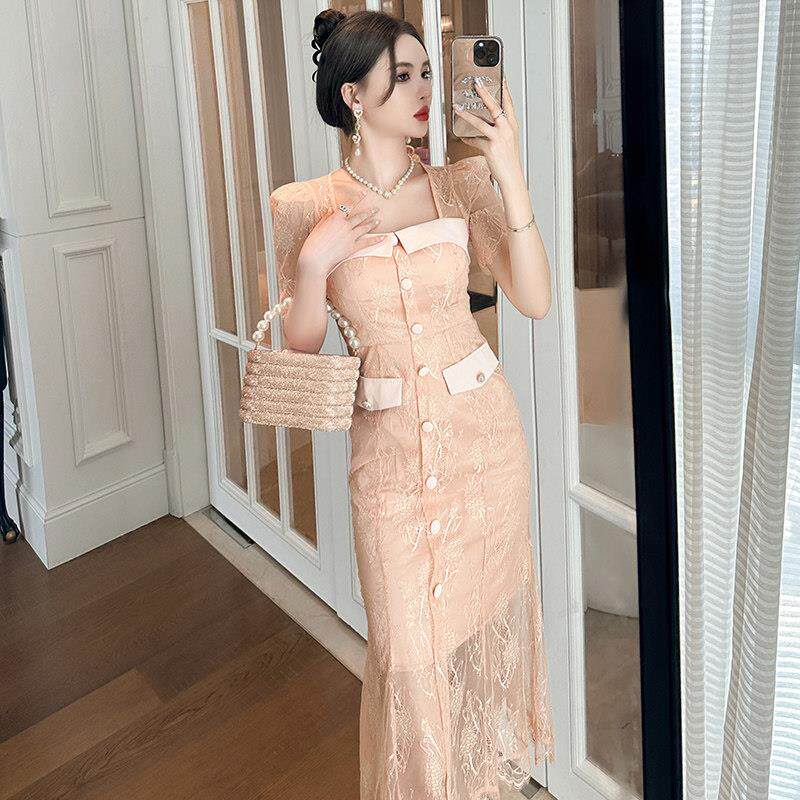 小香风连衣裙女高级感轻奢气质方领泡泡袖抹胸新款蕾丝鱼尾长裙子