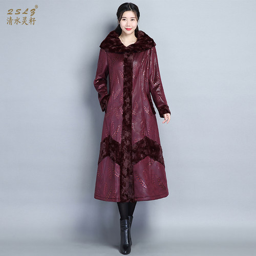qslz清水灵籽仿皮草女士印花风衣