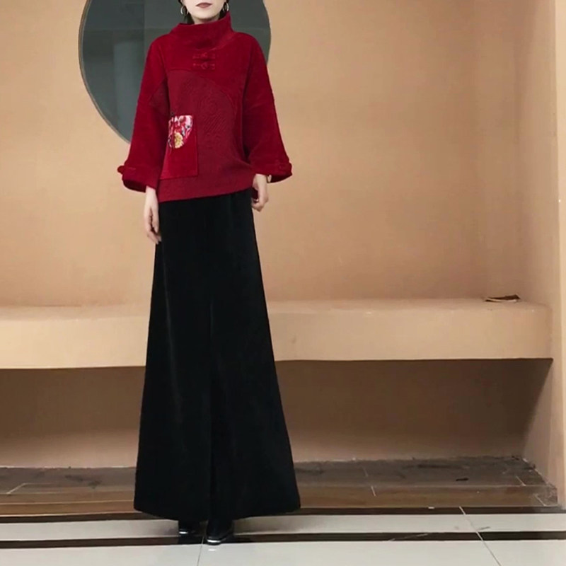 冬季中式雪尼尔披肩阔腿裤套装