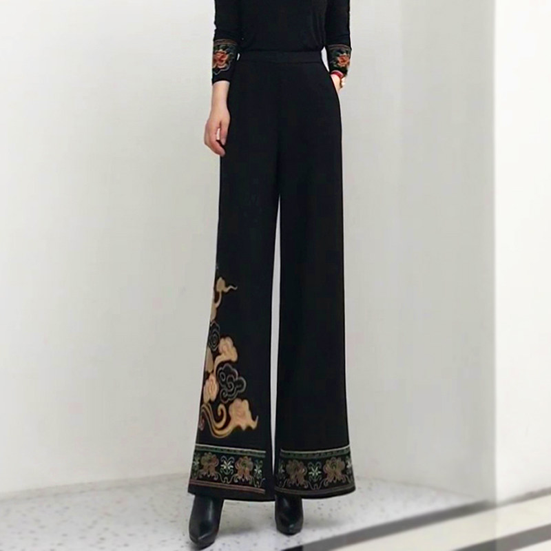 2025秋季新中式阔腿裤长裤绣花高腰垂坠直筒裤民族风刺绣休闲裤女