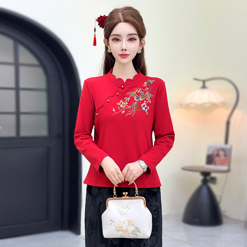 冬季新中式刺绣加绒加厚T恤女